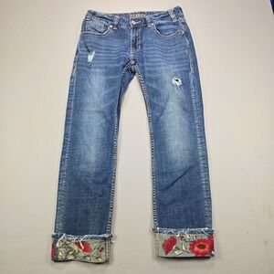 Rock & Roll Cowgirl Jeans Distressed Floral Cuff Straight Blue Womens Size 29